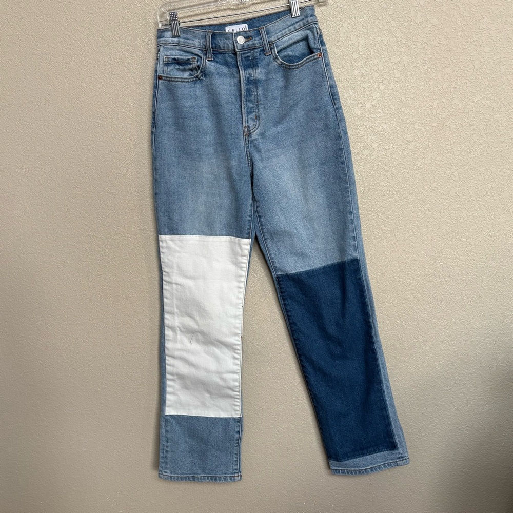 Cello High Rise Dad Jeans Patchwork‎ Colorblock Light Wash Size 3 Trendy